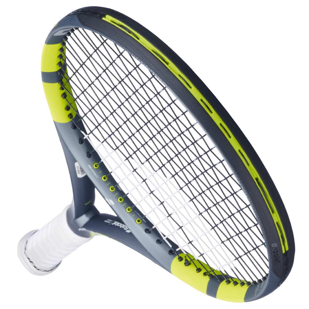 close-up view of a pure aero tennis racquet 