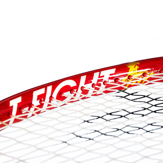 close-up view of a tennis racquet with the words T-Fight and a horse chinese symbol
