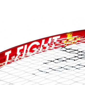 close-up view of a tennis racquet with the words T-Fight and a horse chinese symbol