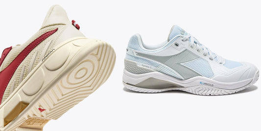 diadora tennis shoes in red and blu grey