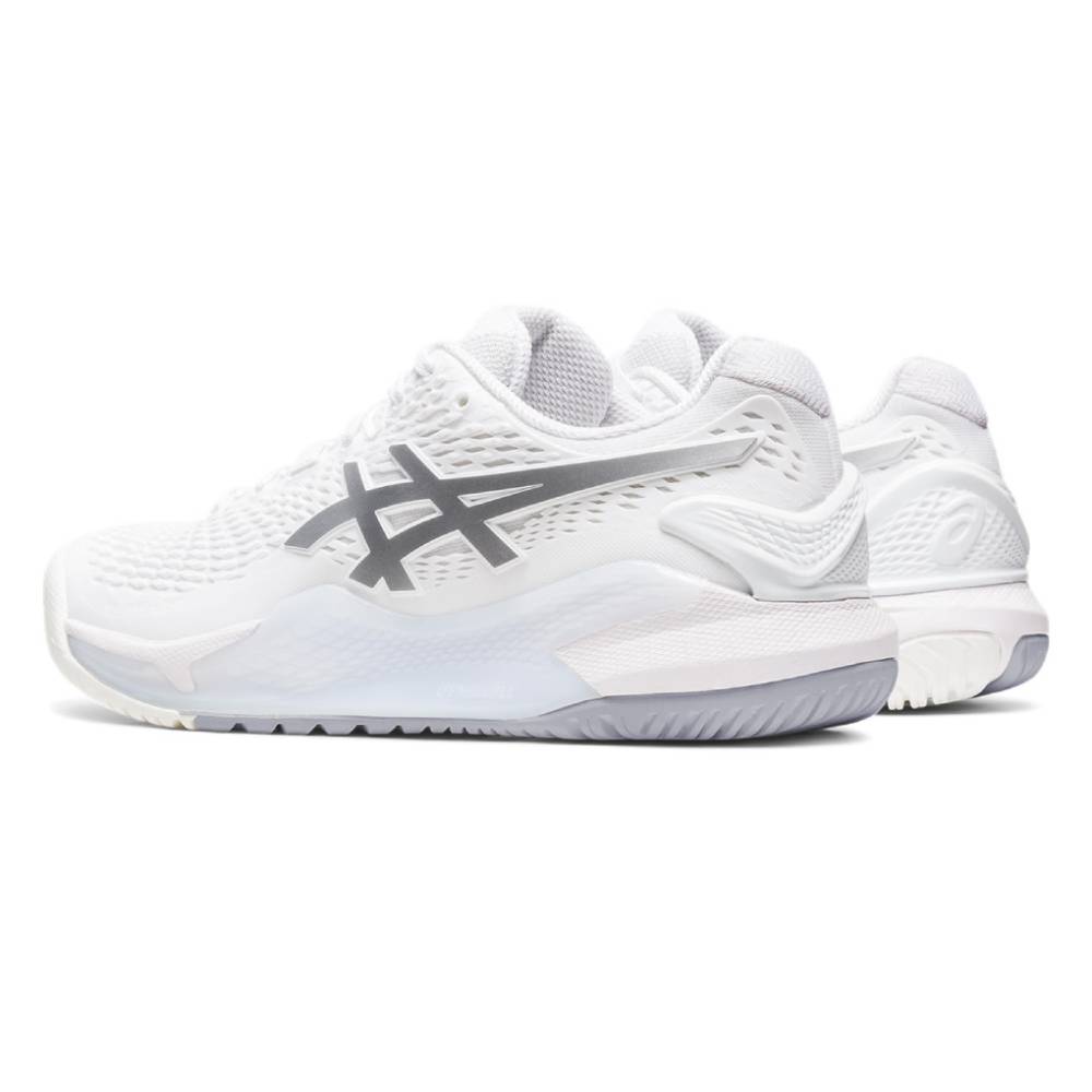 Asics Gel Resolution 9 Women's Tennis Shoe (White/Silver) - RacquetGuys.ca