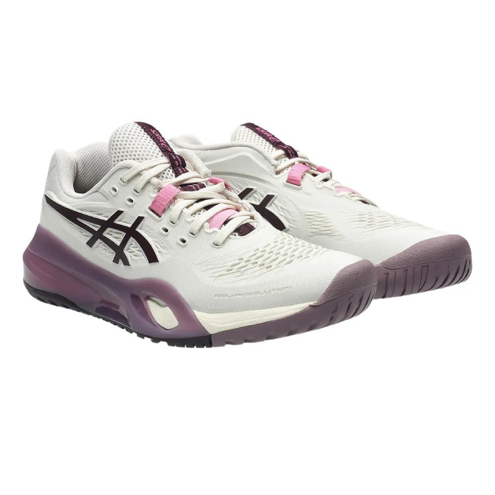 Asics Gel Resolution X Wide Women's Tennis Shoe (Soft Oat/Dark Aubergine) - RacquetGuys.ca