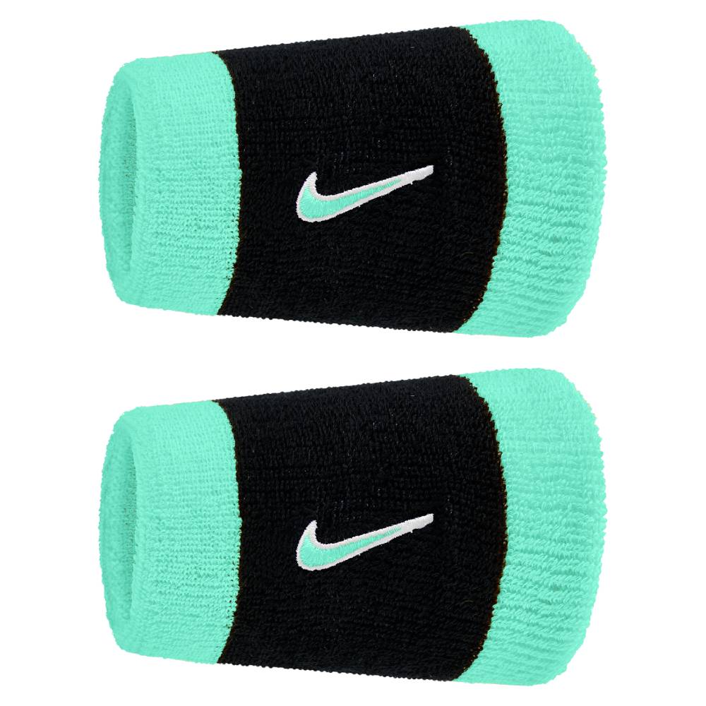 Nike Swoosh Classic Doublewide Wristbands 2 Pack (Black/Bleached Turquoise) - RacquetGuys.ca