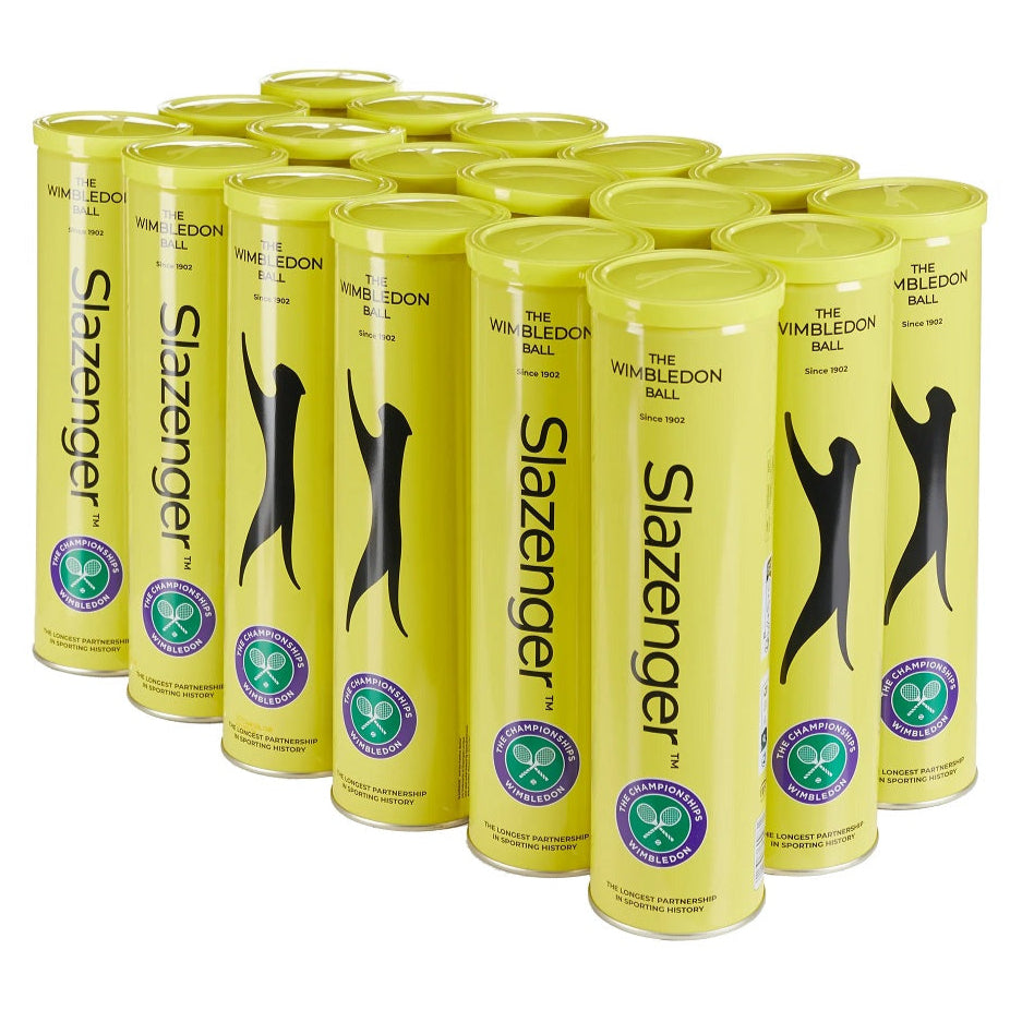 Multiple cans of Slazenger Wimbledon tennis balls on a white background