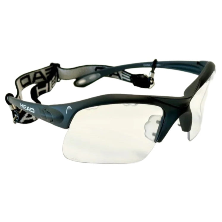 Sports eyewear with black frame and clear lenses on a white background