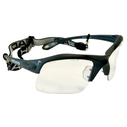 Sports eyewear with black frame and clear lenses on a white background