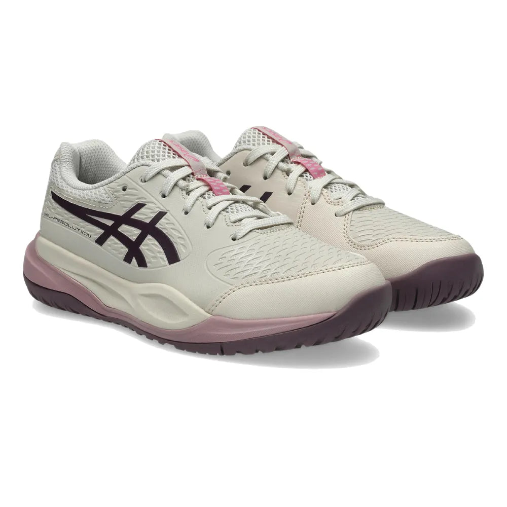 Asics Gel Resolution X GS Junior Tennis Shoe (Soft Oat/Dark Aubergine) - RacquetGuys.ca