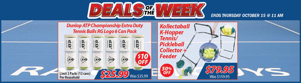 A promotional banner for 'Deals of the Week' featuring tennis equipment. The top section shows a 2-pack of Dunlop ATP Championship Extra Duty Tennis Balls RG Logo 6 Can Pack for $23.