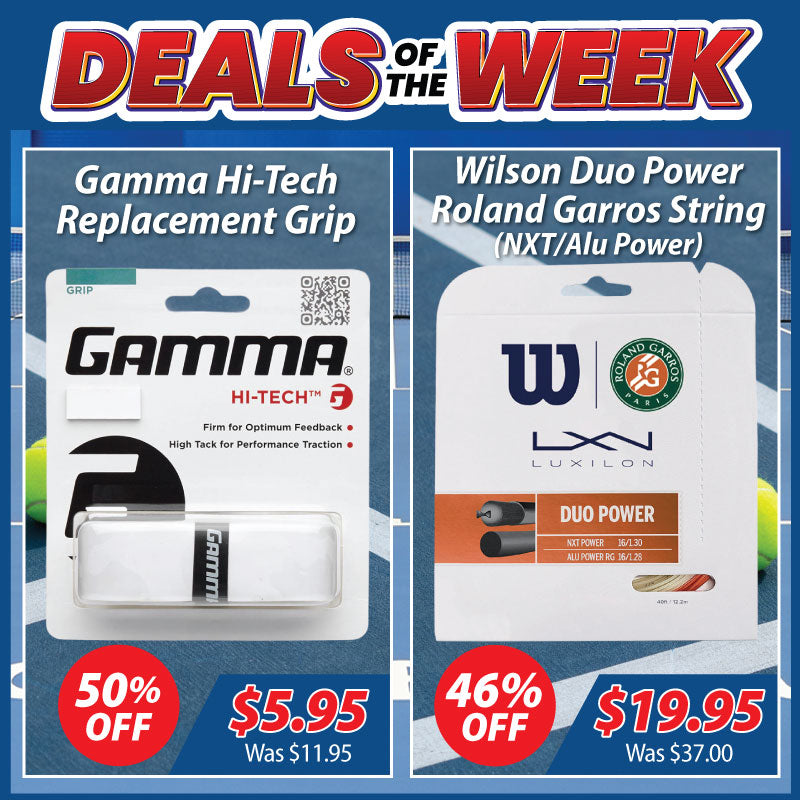 A promotional deal graphic showing two sports products side by side with large sale text and pricing. The left product is a Gamma Hi-Tech replacement grip in a white blister pack, and the right product is a Wilson Duo Power Roland Garros string in a white package.