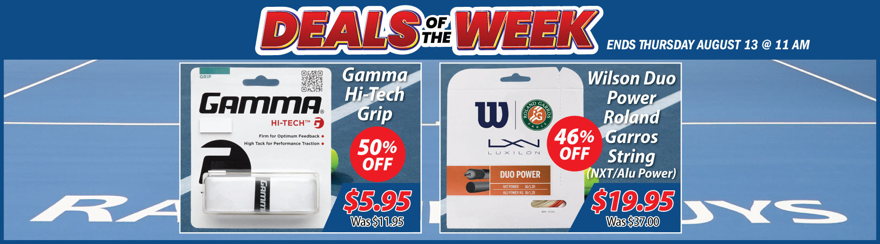 A promotional weekly deals banner featuring two sports equipment deals: a Gamma Tech grip for $5.95 with 50% off, and a Wilson Duo Power golf string set for $19.