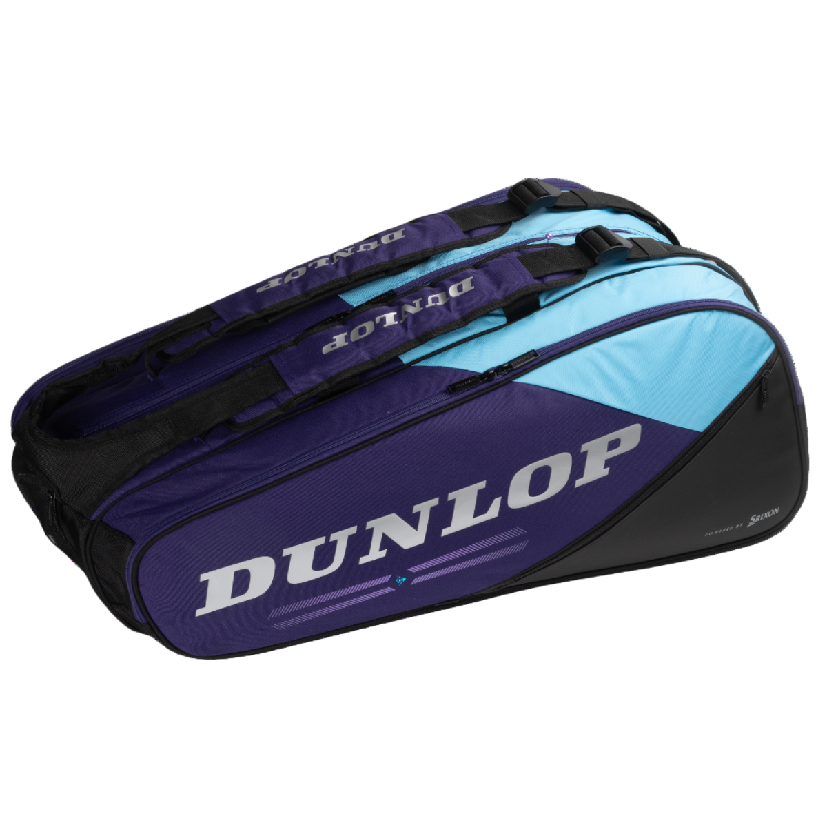 Blue and black Dunlop tennis bag on a white background