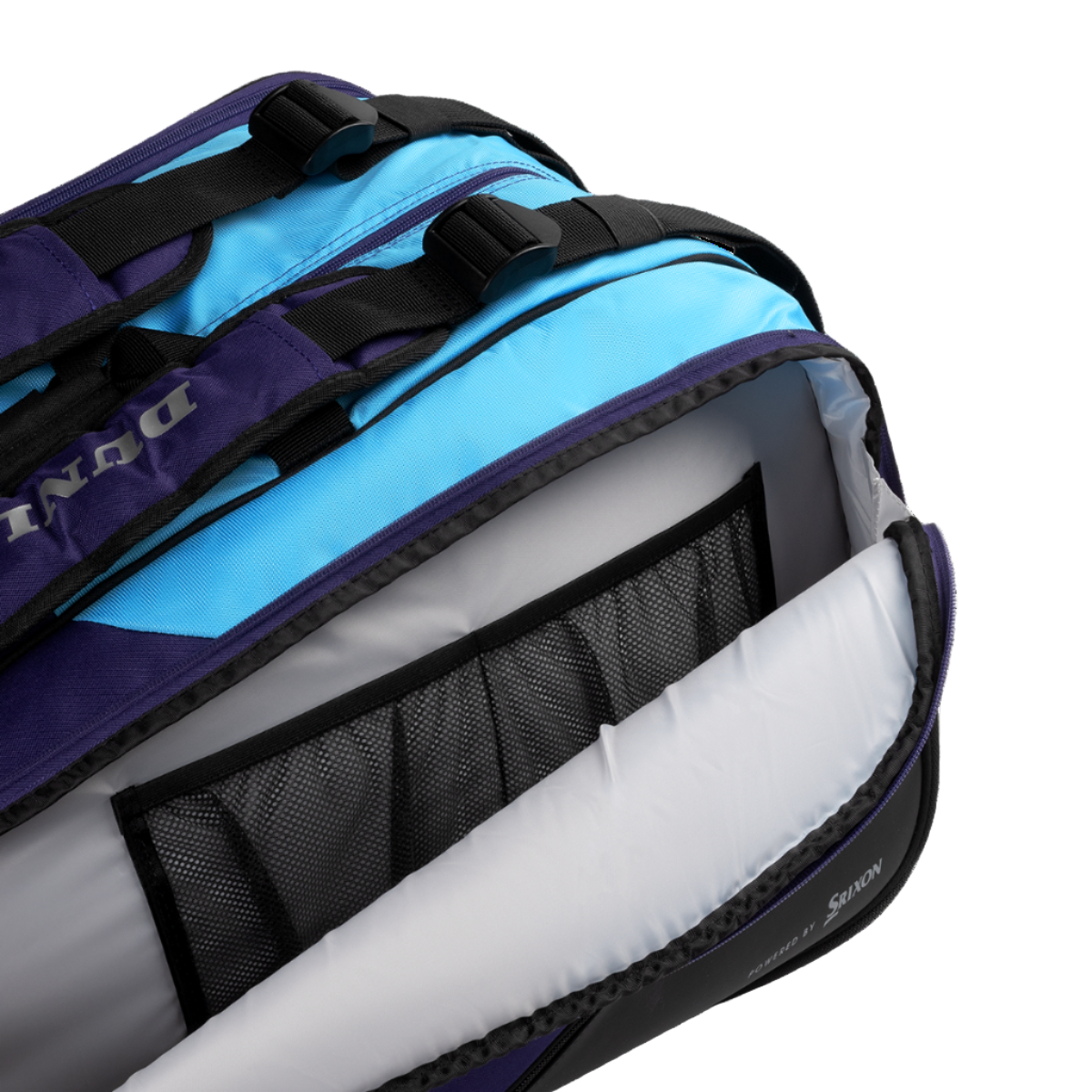 Close-up of a blue and purple backpack with visible brand name on a white background