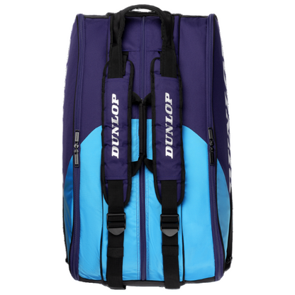 Blue and purple Dunlop sports bag on a white background