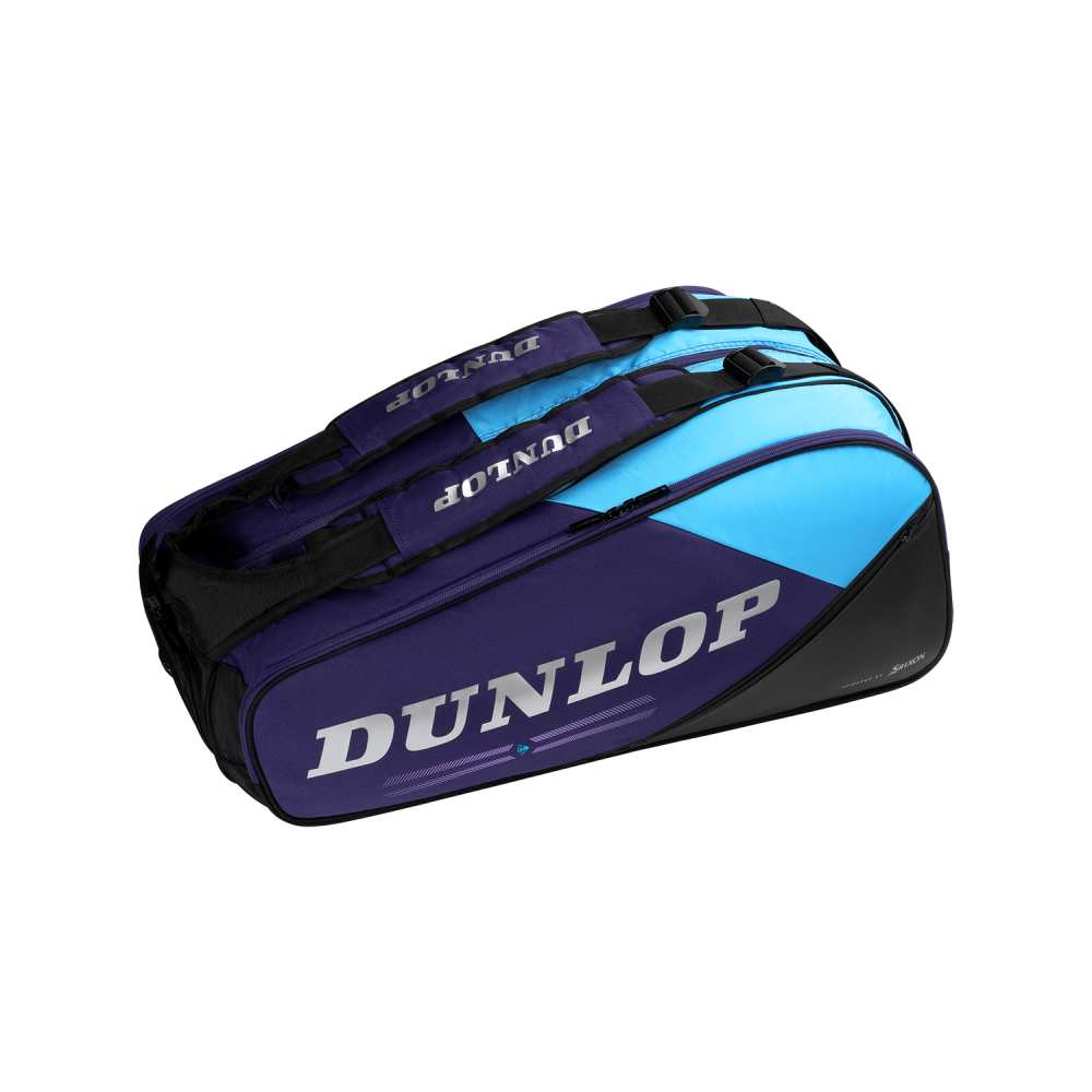 Blue and black Dunlop tennis bag on a white background
