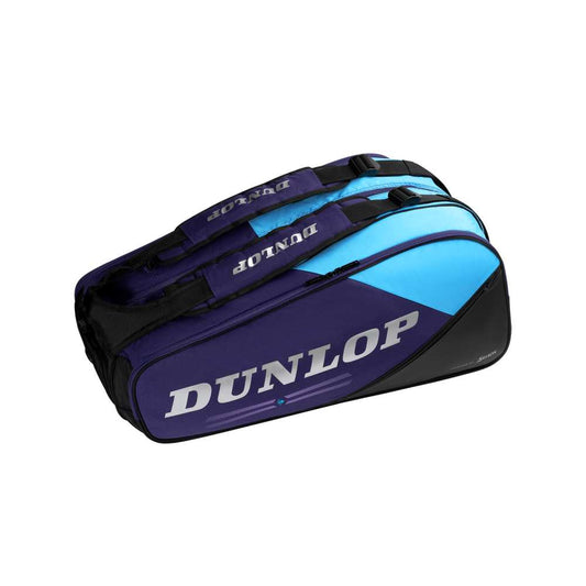 Blue and black Dunlop tennis bag on a white background