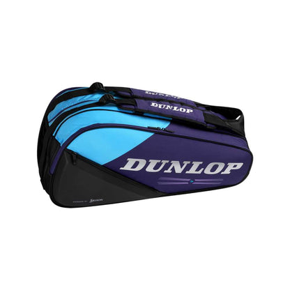 Blue and black Dunlop tennis bag on a white background
