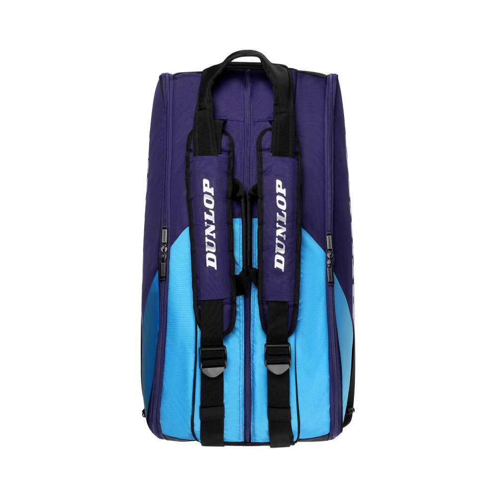 Blue and purple Dunlop tennis bag on a white background