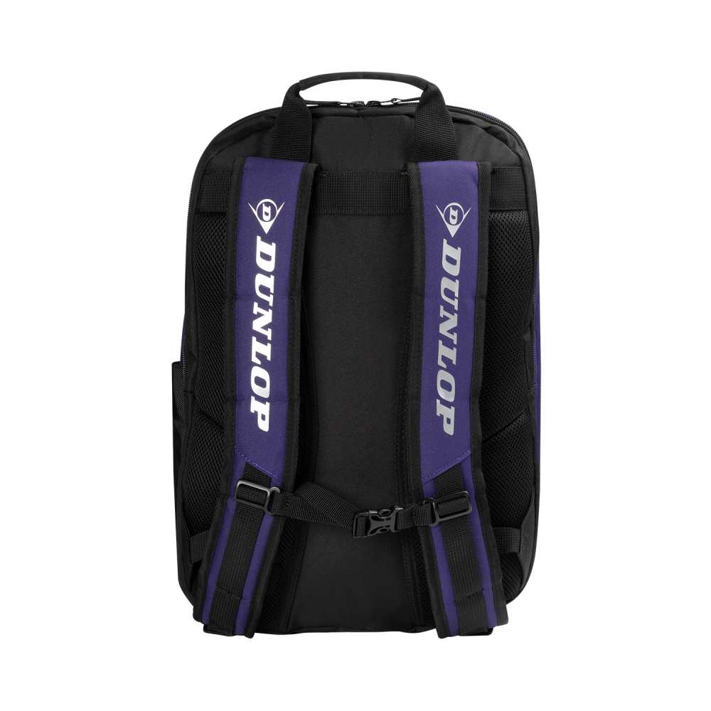 Black backpack with purple straps featuring Dunlop logo on a white background