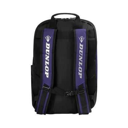 Black backpack with purple straps featuring Dunlop logo on a white background