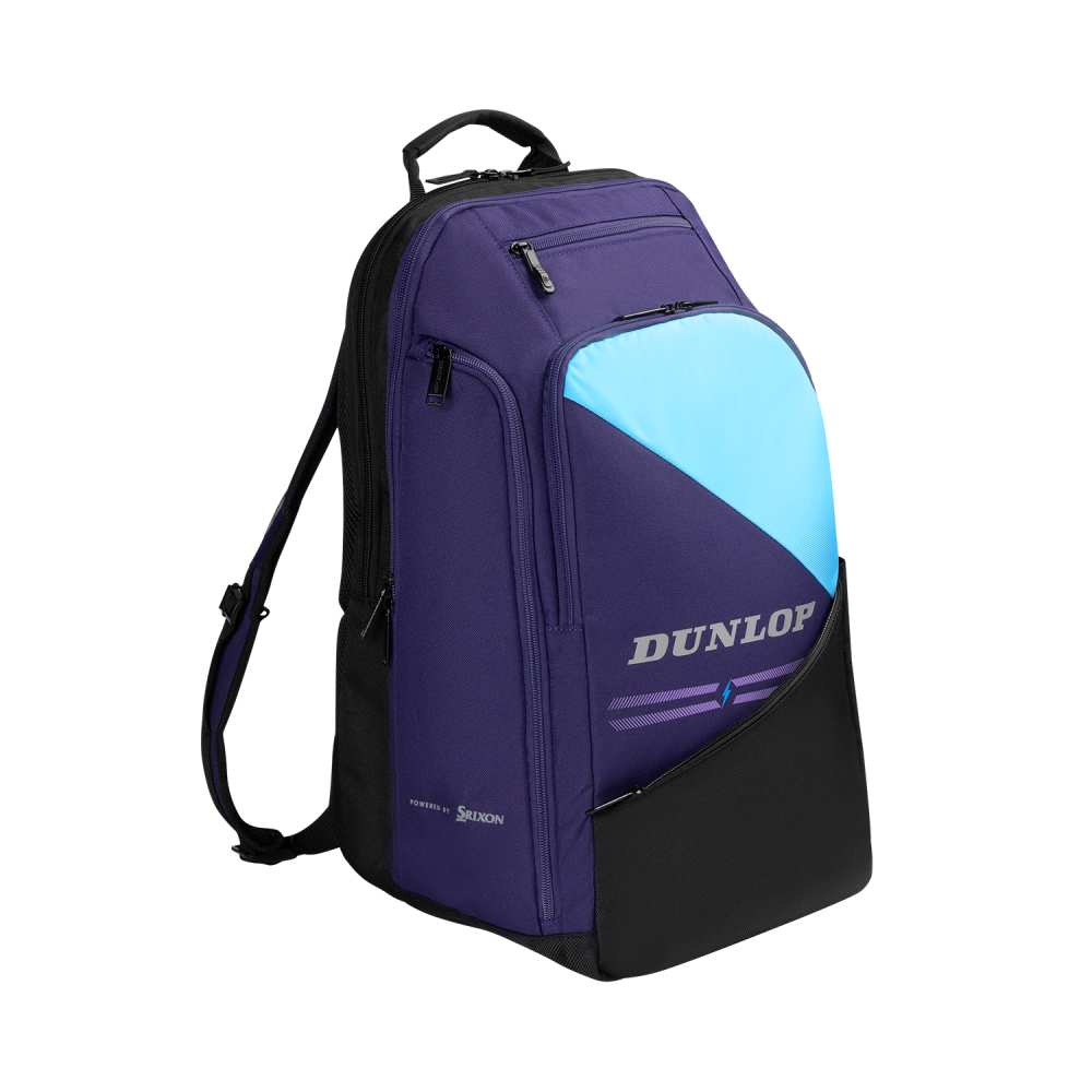 Purple and black backpack with blue accent featuring Dunlop branding on a white background