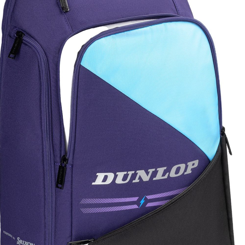 Purple and blue Dunlop tennis bag on a white background