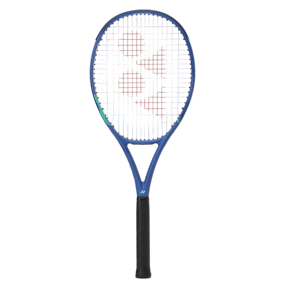 Blue tennis racket with a white strings pattern on a white background