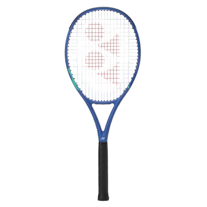 Blue tennis racket with a white strings pattern on a white background