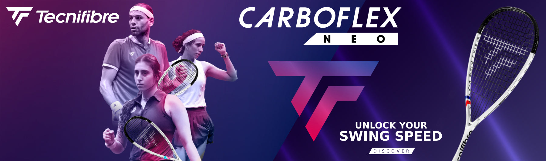Promotional banner for Tecnifibre Carboflex Neo tennis rackets, featuring three tennis players on the left and a close-up of a white and black racket on the right, set against a dark purple and blue background with the Tecnifibre logo and product name.