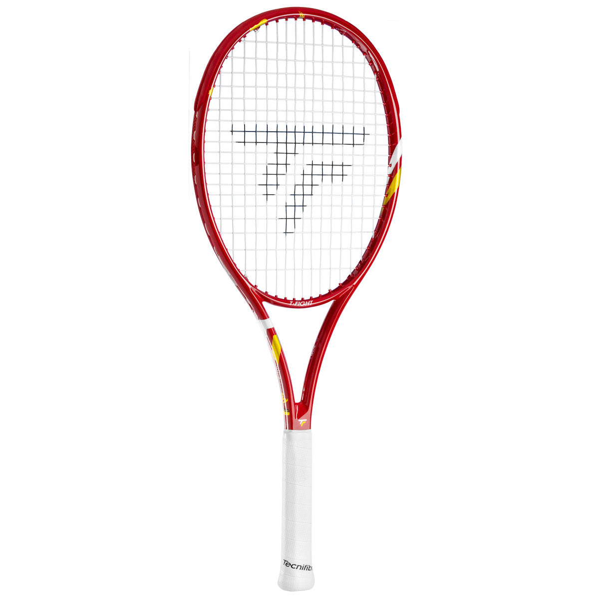 Red and white tennis racket on a white background