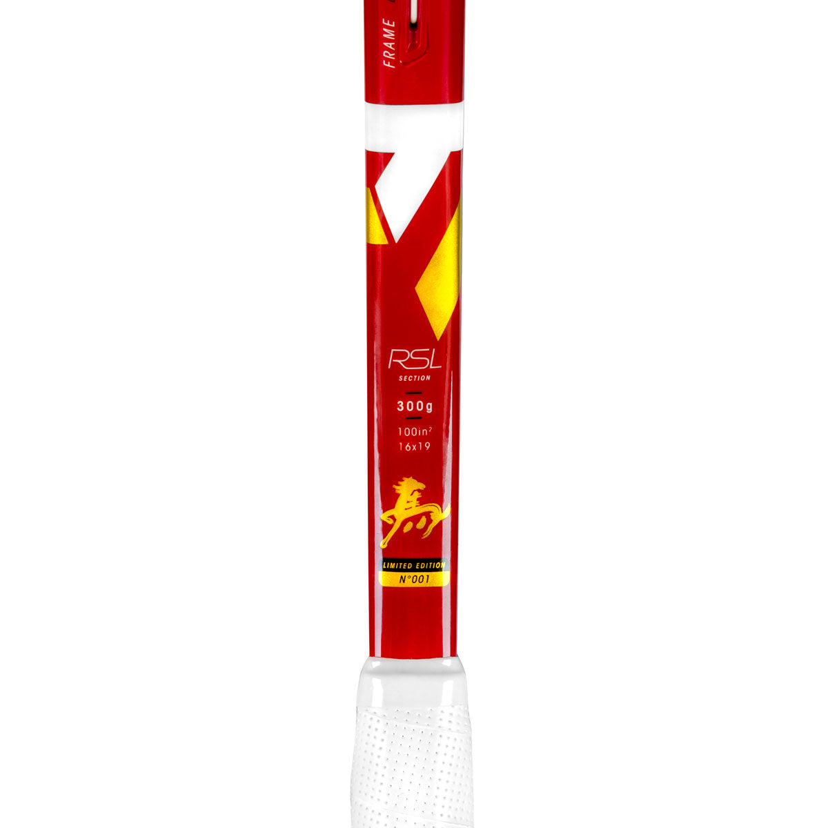 Golf club shaft with red and white design on a white background