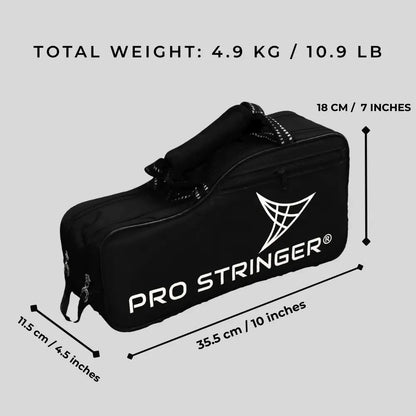 Black Pro Stringer bag with measurements and weight information on a gray background