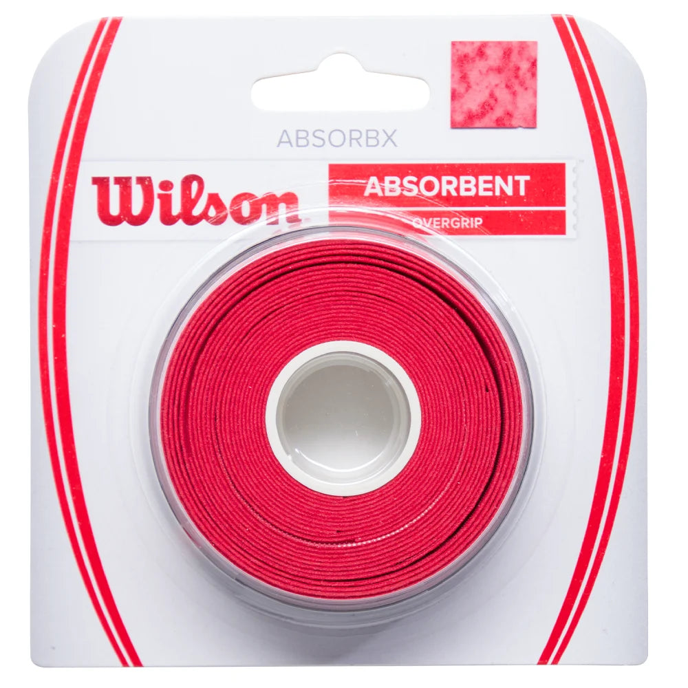 Wilson Absorbent overgrip packaging with red overgrip on a white background