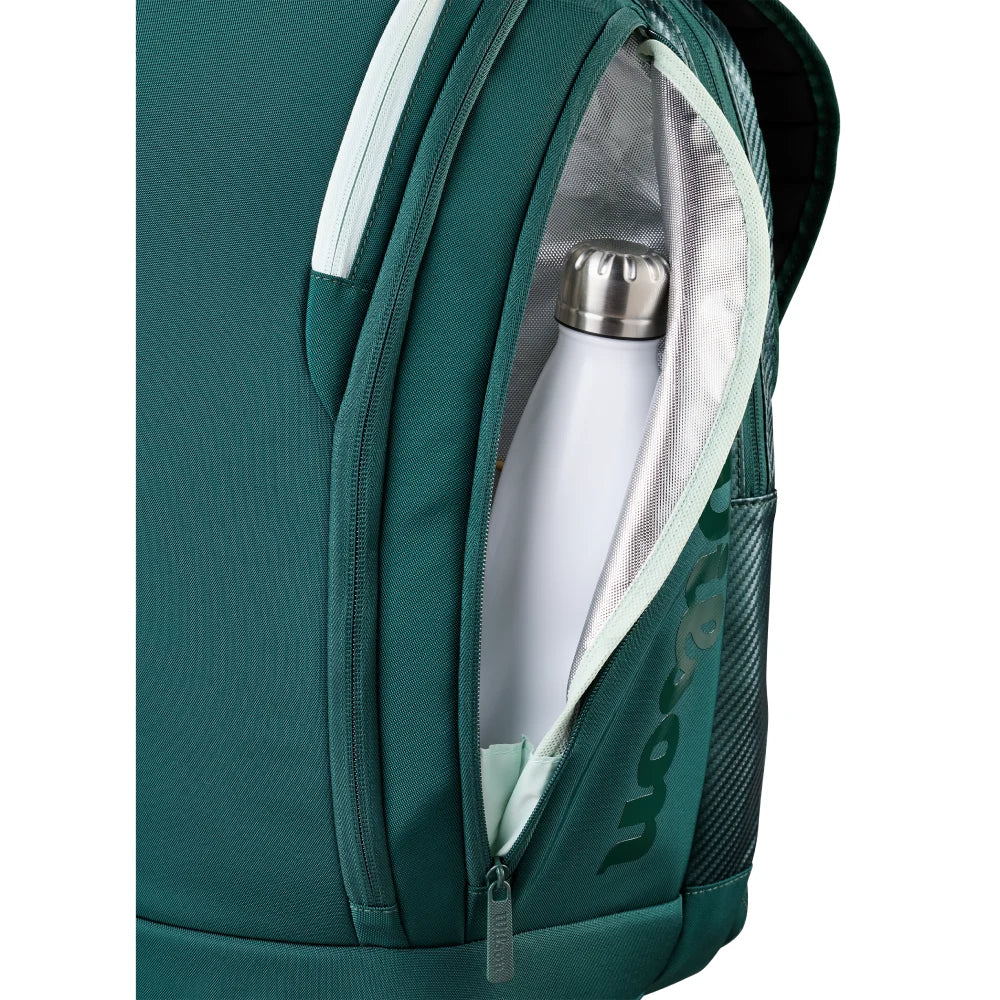 Green backpack with a white water bottle inside on a white background