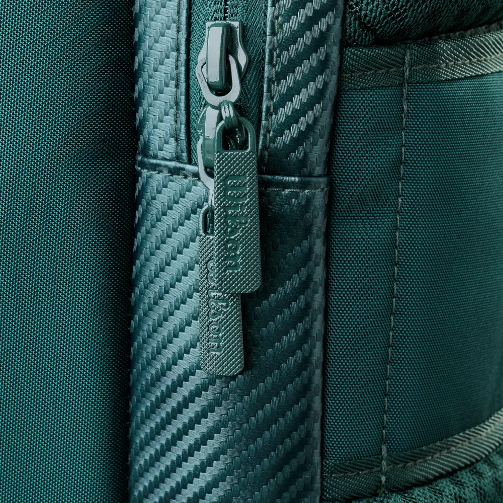 Close-up of a teal backpack with a zipper pull