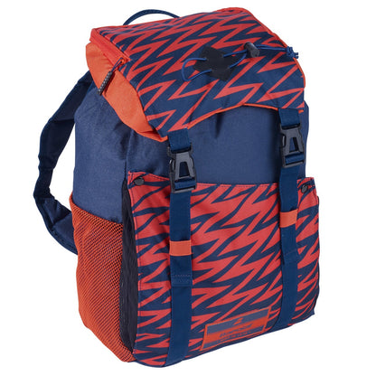 A navy blue and red patterned backpack with a top flap, side mesh pocket, and buckle straps, shown on a plain white background.