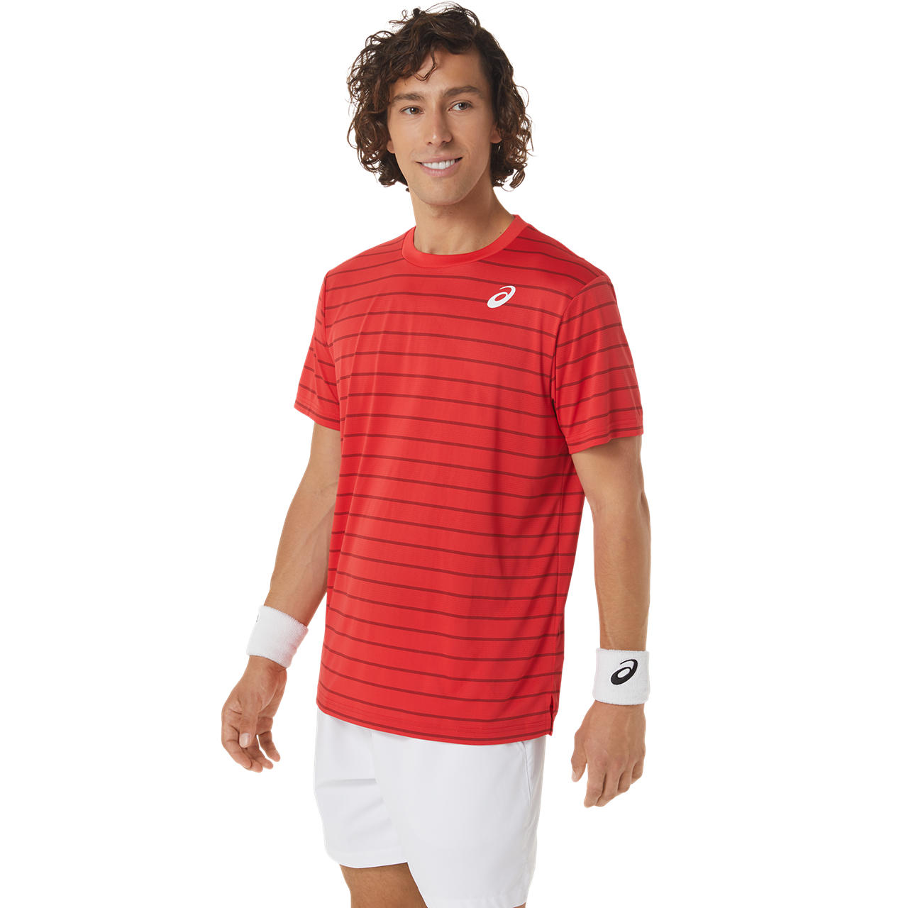 Asics Men's Court Stripe Short Sleeve Top (Red) - RacquetGuys.ca