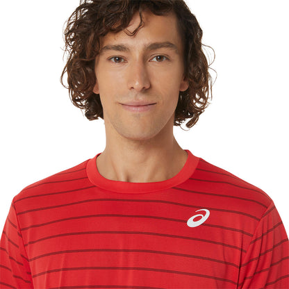 Asics Men's Court Stripe Short Sleeve Top (Red) - RacquetGuys.ca