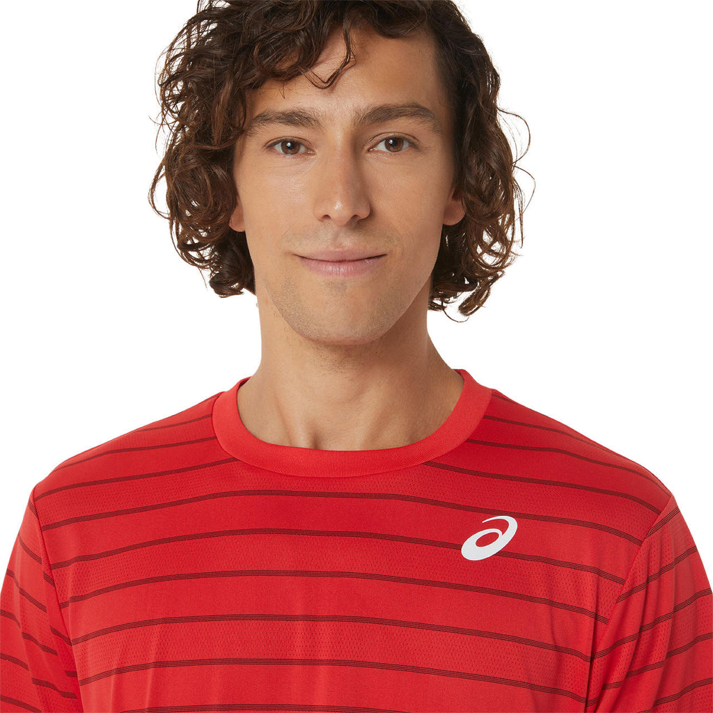 Asics Men's Court Stripe Short Sleeve Top (Red) | RacquetGuys.ca