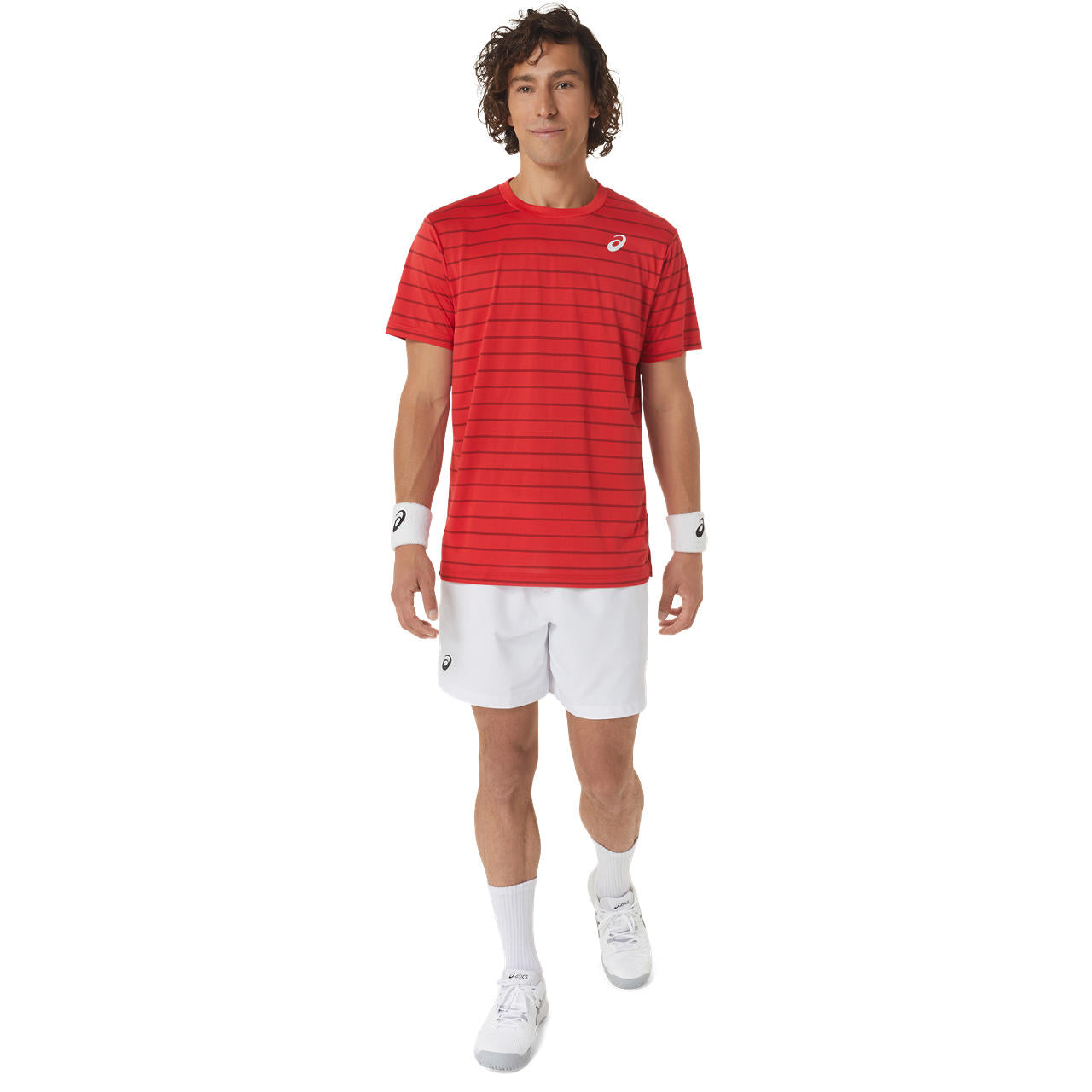 Asics Men's Court Stripe Short Sleeve Top (Red) - RacquetGuys.ca