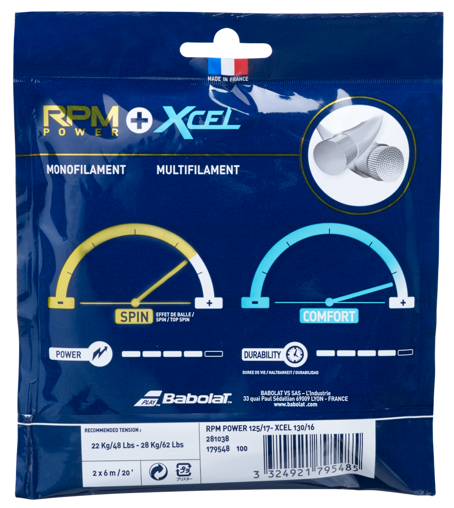 Babolat Spin & Comfort (RPM Power 17/1.25 & Xcel 16/1.30) Hybrid Tennis  String